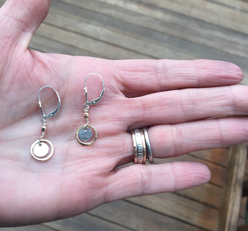 Tiny sterling gold dangles, hammered circle earrings, petite disc, everyday two tone jewelry, leverback, lever back drop. hatchback image 5