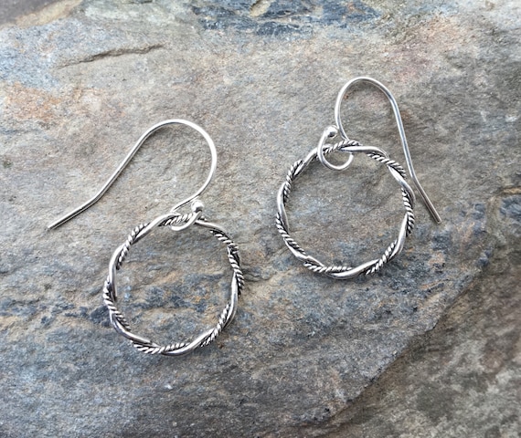 Sterling Silver Circle Earrings, Silver Twist Circle Earrings, Small Circle Dangles