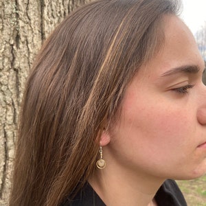 Tiny sterling gold dangles, hammered circle earrings, petite disc, everyday two tone jewelry, leverback, lever back drop. hatchback image 3