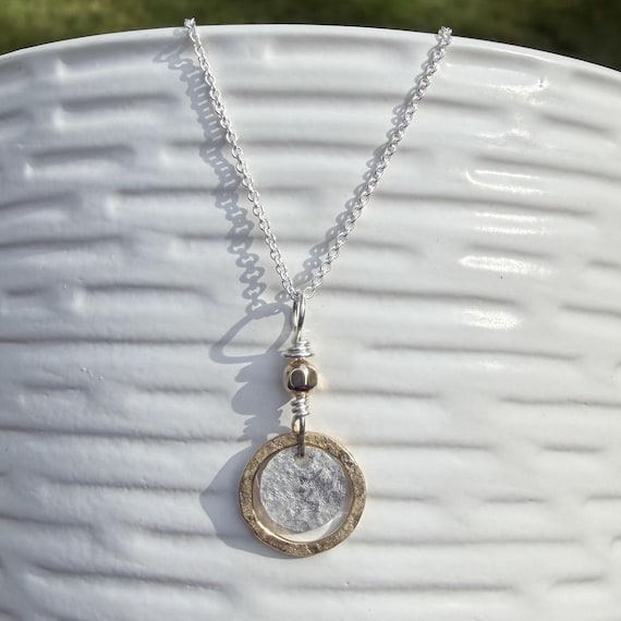 Dainty & Tiny Silver Gold Necklace, Everyday pendant, Delicate mixed metal necklace, Minimalist jewelry, Sterling, 14k Gold Filled