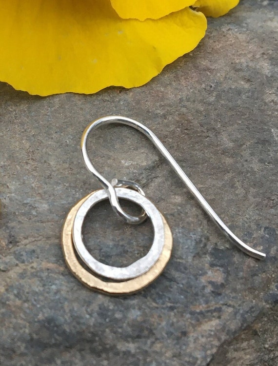 SINGLE EARRING, Tiny Sterling Gold Dangle, Hammered Circle Earring,