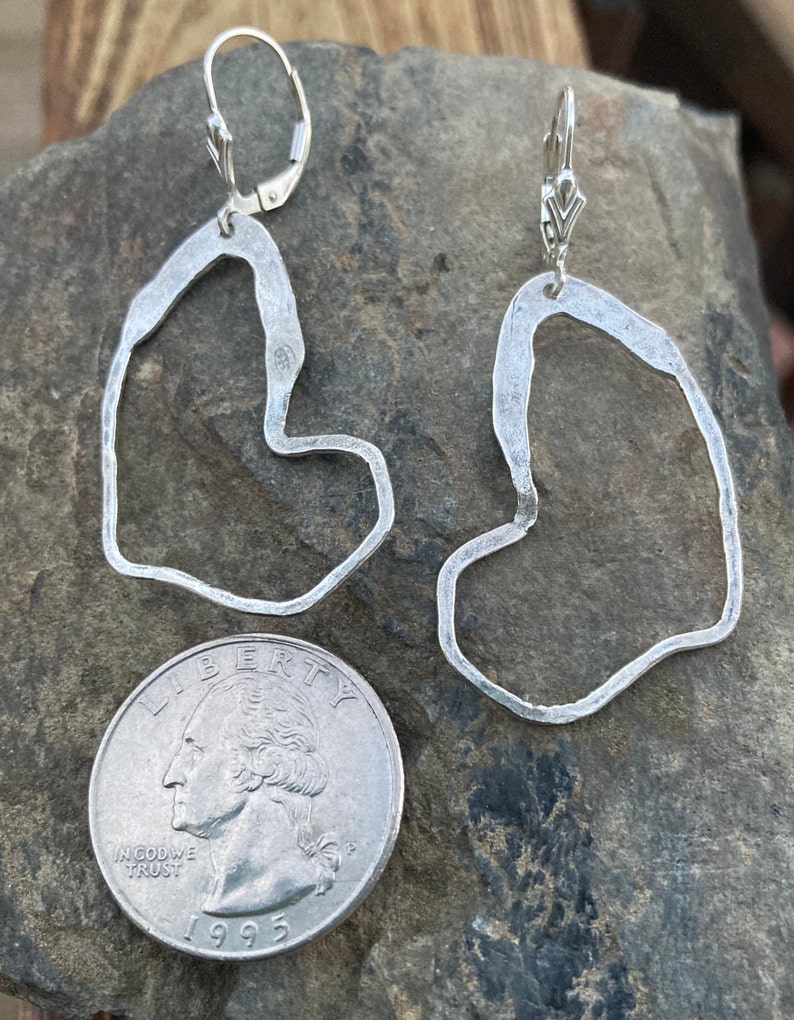 Lever back Large Sterling Earrings Hammered Silver Drops Statement Earrings Silver Heart Dangles Leverback