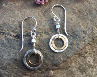 Tiny Gold & Silver Circle Dangle Earrings, Two Tone Lever Back Earrings, Hammered Gold Filled Sterling Circle Drops