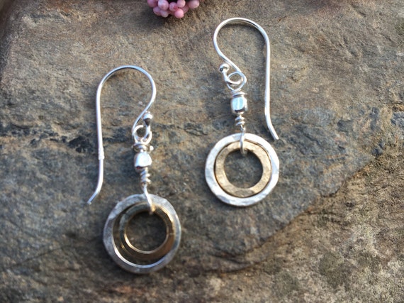 Tiny Gold & Silver Circle Dangle Earrings, Two Tone Lever Back Earrings, Hammered Gold Filled Sterling Circle Drops