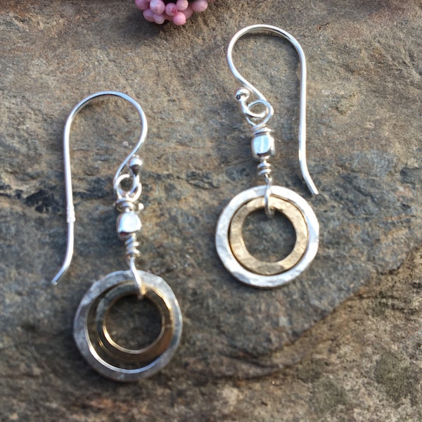 Tiny Silver & Gold Hammered Circles Two Tone Earrings, Sterling silver 14k Gold Filled Everyday Earrings, Simple Lever back Dangles