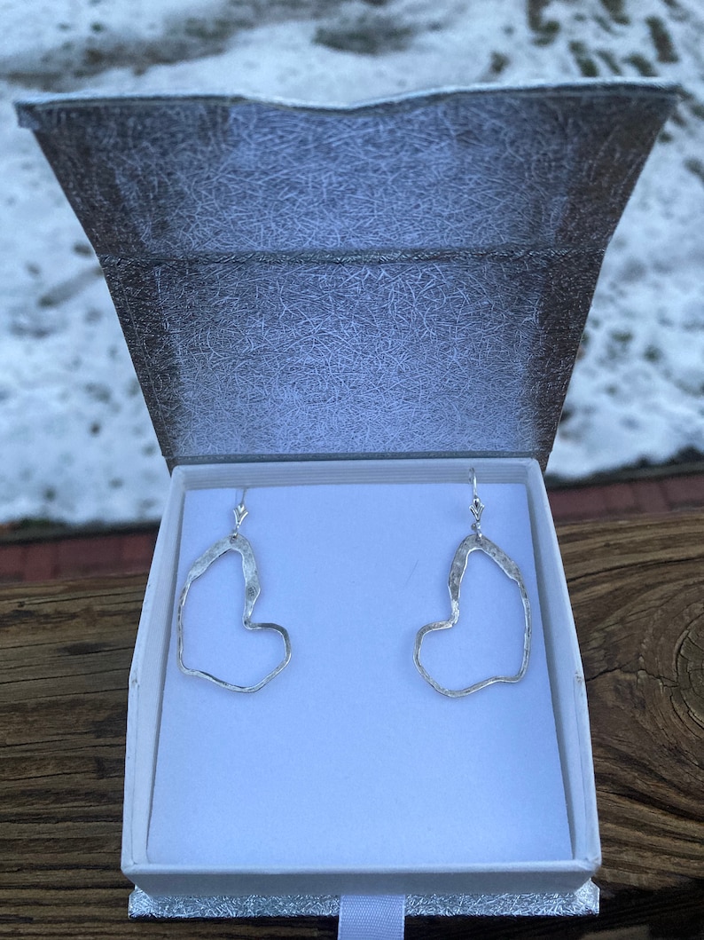 Lever back Large Sterling Earrings Hammered Silver Drops Statement Earrings Silver Heart Dangles Leverback