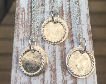 Hammered Gold Disc Pendant, Gold Filled Sterling Circle Necklace, Layering Mixed Metal Necklace