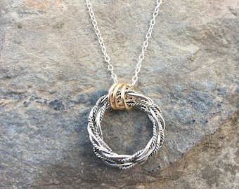 Silver and Gold Twist Circle Necklace, Two Tone Circle Pendant, Sterling 14k Gold Filled Three Circles Necklace,Interlocking Circles Pendant