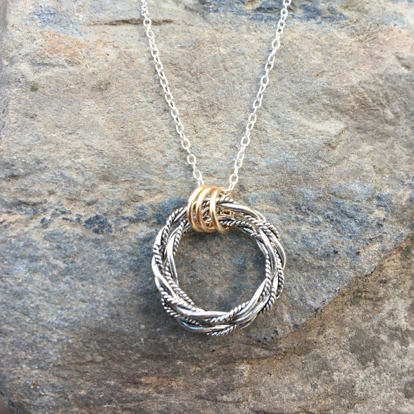 Silver and Gold Twist Circle Necklace, Two Tone Circle Pendant, Sterling 14k Gold Filled Three Circles Necklace,Interlocking Circles Pendant