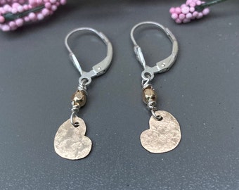 Tiny Sterling Gold Heart Earrings, Dainty Gold Filled Heart Earrings, Hammered Heart Dangles, Lever back