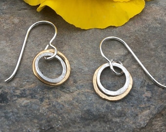 Tiny Sterling Gold Dangles, Hammered Circle Earrings, Dainty Earrings, Everyday Two Tone Jewelry, Simple Silver Earrings