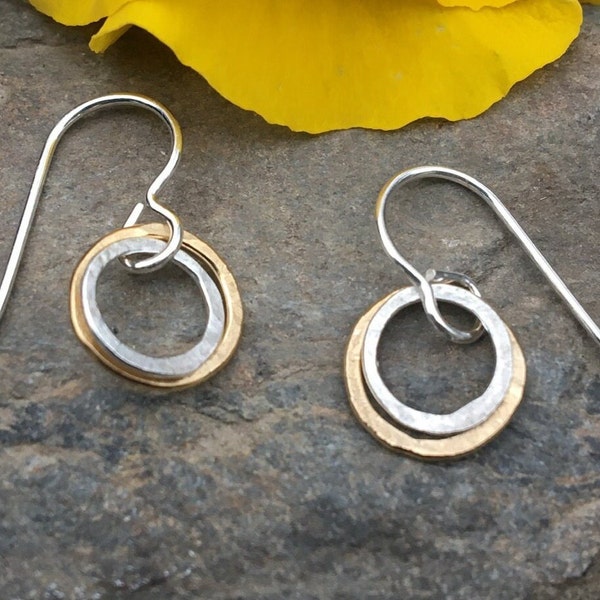 Tiny Sterling Gold Dangles, Hammered Circle Earrings, Dainty Earrings, Everyday Two Tone Jewelry, Simple Silver Earrings