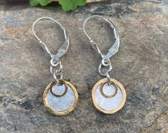 Tiny sterling gold dangles, hammered circle earrings, petite disc, everyday two tone jewelry, leverback, lever back drop. hatchback