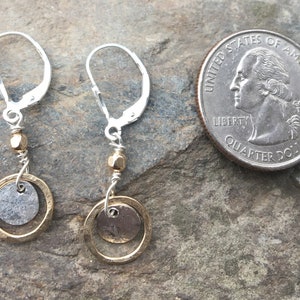 Tiny sterling gold dangles, hammered circle earrings, petite disc, everyday two tone jewelry, leverback, lever back drop. hatchback image 3