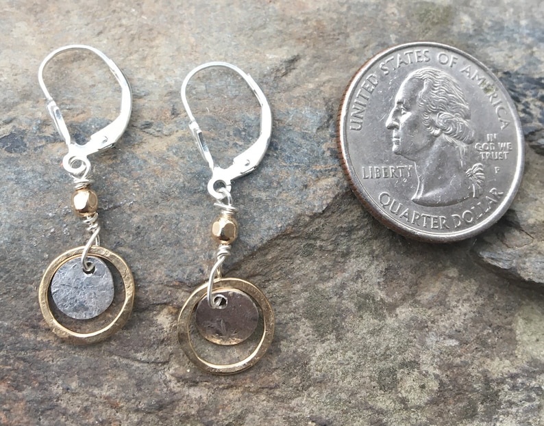 Tiny sterling gold dangles, hammered circle earrings, petite disc, everyday two tone jewelry, leverback, lever back drop. hatchback image 4