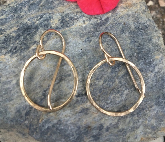 Everyday 14k Gold Filled Circle Earrings, Hammered Gold Circle Dangles,  Gold Everyday Earrings