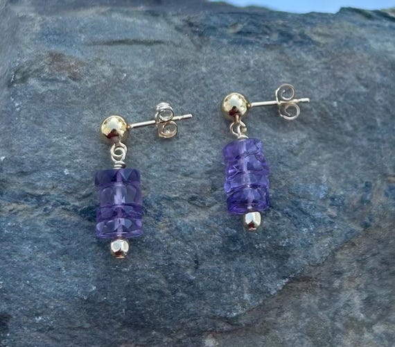 Small Purple Dangle Earrings, Amethyst Post Dangles, 14k Gold Filled February Birthstone Jewelry, February gift, Dainty Amethyst Earrings