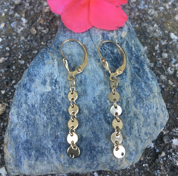 Gold Earrings, Gold Dangles, Gold Disc Drops, Lever backs, Leverback