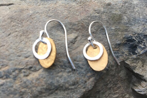 Dainty Hammered Sterling & Brass Earrings