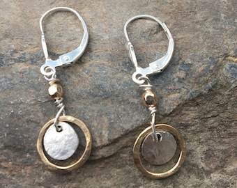 Tiny sterling gold dangles, hammered circle earrings, petite disc, everyday two tone jewelry, leverback, lever back drop. hatchback