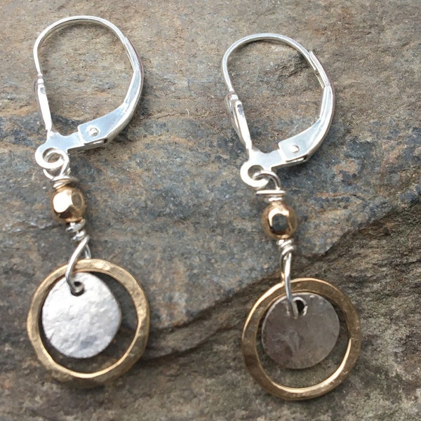 Tiny sterling gold dangles, hammered circle earrings, petite disc, everyday two tone jewelry, leverback, lever back drop. hatchback