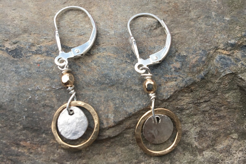 Tiny sterling gold dangles, hammered circle earrings, petite disc, everyday two tone jewelry, leverback, lever back drop. hatchback lever backs