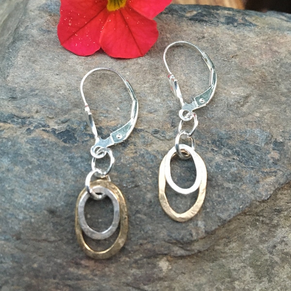 Tiny Sterling Gold Dangles, Hammered Circle Earrings, Dainty Earrings, Everyday Two Tone Jewelry, Simple Sterling Earrings