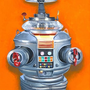 May include: A painting of a retro robot with a silver body, red accents, and a clear dome on top. The robot has a detailed control panel and is set against a bright orange background. The artwork is signed in the bottom right corner.