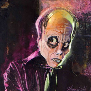 May include: A painting of a man with a pale face and dark eyes, wearing a dark purple suit with a white collar and a green tie. The painting is done in a style that is reminiscent of old horror films. The artist's signature, "Thomas Webb © 2009", is visible in the bottom right corner.