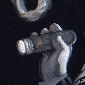 May include: A hand holding a dark brown cigar with a white band.