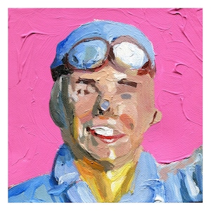 May include: A painting of a person wearing a blue hat and goggles, with a pink background. The person is smiling and has a light blue shirt on.