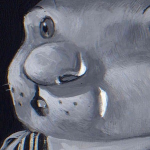 May include: Close-up of a painted portrait of a person's face. The person has a large nose and is looking up. The painting is done in shades of gray.
