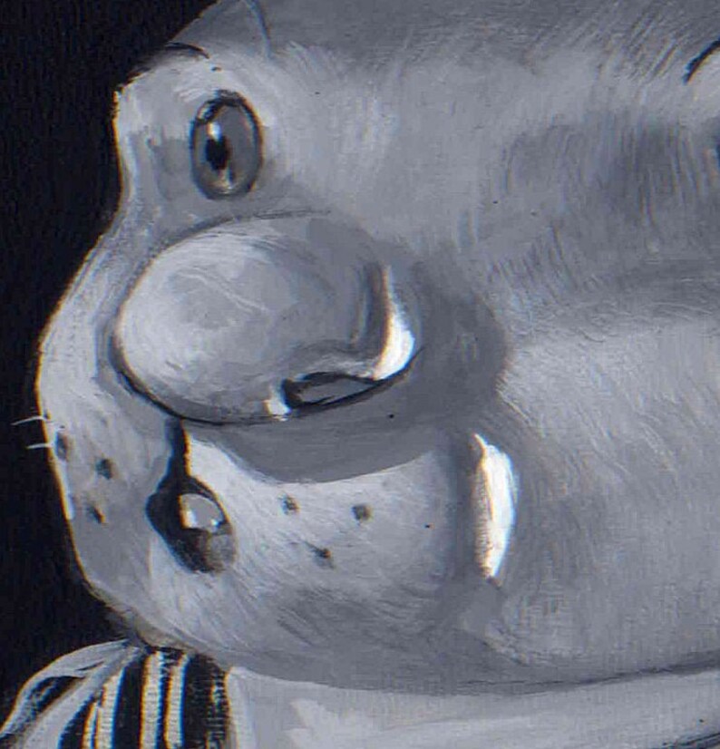 May include: Close-up of a painted portrait of a person's face. The person has a large nose and is looking up. The painting is done in shades of gray.