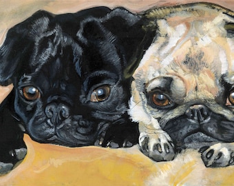 Black and Fawn Pugs, Fine Art Print