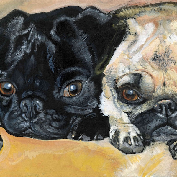 Black and Fawn Pugs, Fine Art Print