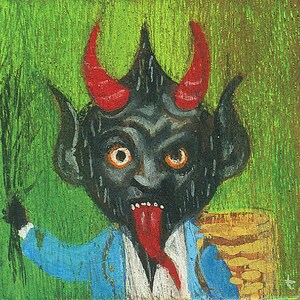 May include: A cartoon illustration of a devil with red horns, a blue jacket, and a long red tongue. The devil is painted on a green background.