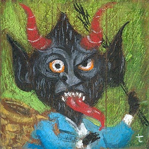May include: A folk art painting of a Krampus figure with a dark face, red horns, and a long red tongue. The figure wears a blue jacket and is set against a green and brown background. The artwork has a textured, painted appearance.
