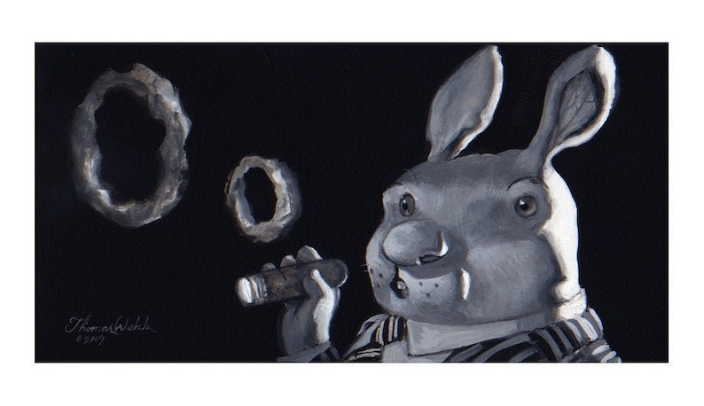May include: A black and white illustration of a rabbit wearing a striped shirt and smoking a cigar. The rabbit is blowing smoke rings.