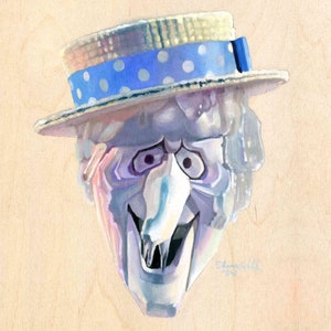 May include: A watercolor painting of a cartoon character with a large, white, pointed nose and a wide, toothy grin. The character is wearing a blue and white polka dot hat with a blue ribbon.