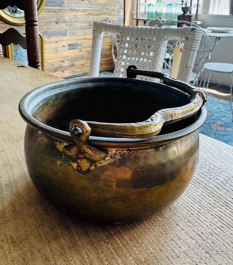 Antique Brass French Cauldron Pot With Ornate Handle Primitive Copper