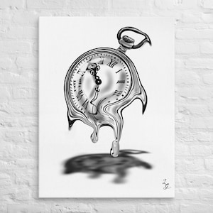 Surreal Melting Clock Canvas Print | Black and White Chrome Pocket Watch Art | Unique Wall Decor for Home or Office | Fine Art Canvas