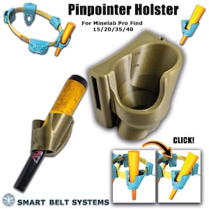 Puede incluir: Una funda de plástico marrón para un detector de metales Minelab Pro Find. La funda tiene un diseño de clic y está unida a un cinturón amarillo. El texto "CLICK!" es visible en la imagen.