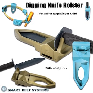 Peut inclure: Un étui de couteau à fouiller de couleur dorée avec un verrou de sécurité. L'étui est conçu pour un couteau à fouiller Garret Edge. L'étui est présenté avec une boucle de ceinture bleue et un verrou de sécurité bleu.