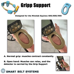 Könnte beinhalten: Ein beigefarbener Kunststoff-Griff-Support, der für die Minelab Equinox 600/800/900 Metalldetektoren entwickelt wurde. Das Bild zeigt zwei Hände, die die Metalldetektoren halten, eine mit einem normalen Griff und die andere mit dem Griff-Support. Der Text "Gripp Support" wird oben im Bild angezeigt.