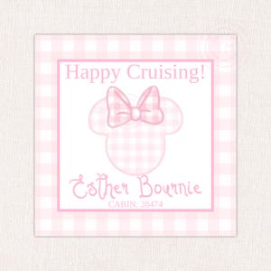 DCL cruise minni-tags gedrukt, DCL cruise-tag, pixi bestoft tags, gingang cadeautags mickey, mickey gingang bijgesloten kaart Minnie bijgesloten kaart