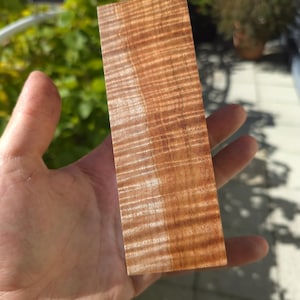 Puede incluir: Una pieza rectangular de madera de arce veteada, que muestra un patrón de grano ondulado en tonos marrón claro y oscuro. La madera se sostiene en una mano, con la luz natural resaltando la textura y las variaciones de color.