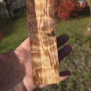 Könnte beinhalten: Ein rechteckiges Holzstück mit einem natürlichen, wirbelnden Maserungsmuster. Das Holz hat eine warme, hellbraune Farbe mit dunkleren braunen Streifen und Knoten. Das Holz wird in einer Hand gehalten, mit einem verschwommenen Hintergrund im Freien.