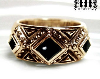 Rustic Bronze 3 Kings Wedding Ring Black Onyx Stone Stone Unisex Medieval Silver Band Size 9