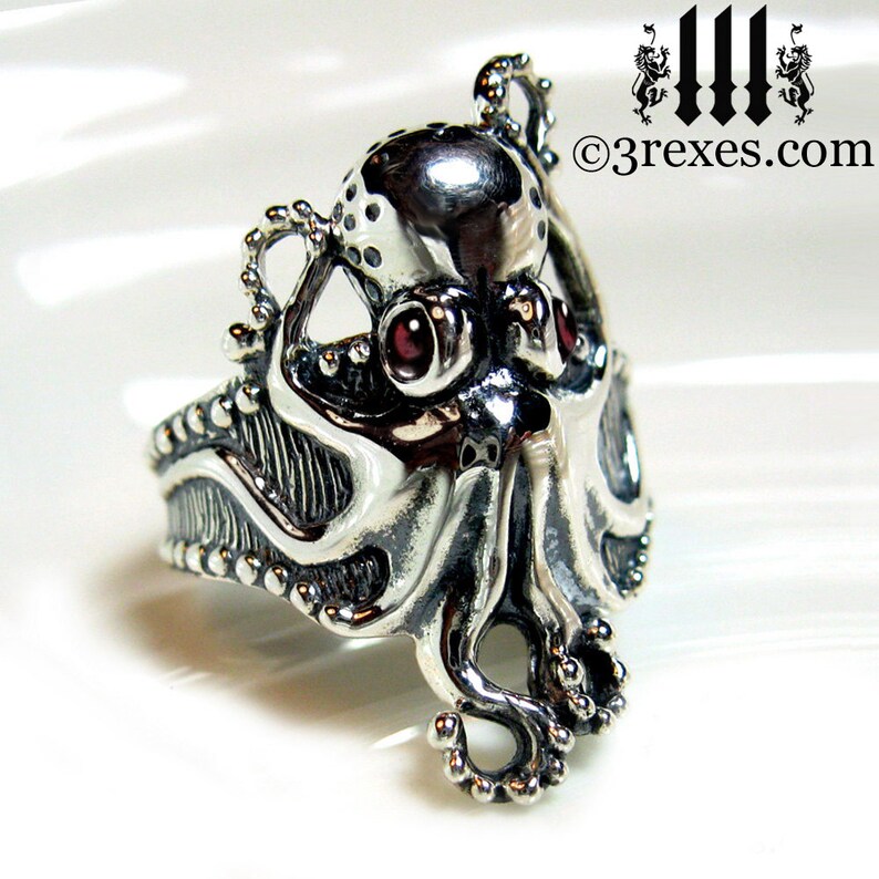 Silver Octopus Ring Black Onyx Eyes January Birthstone Size 10 image 2