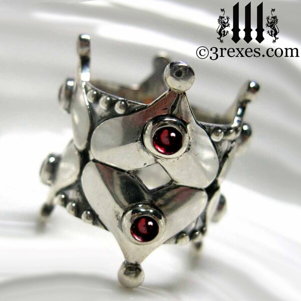 Silber Ehering Herz Krone gotische rote Granate.925 Sterling Band Cabochon Januar Geburtsstein Größe 8,5